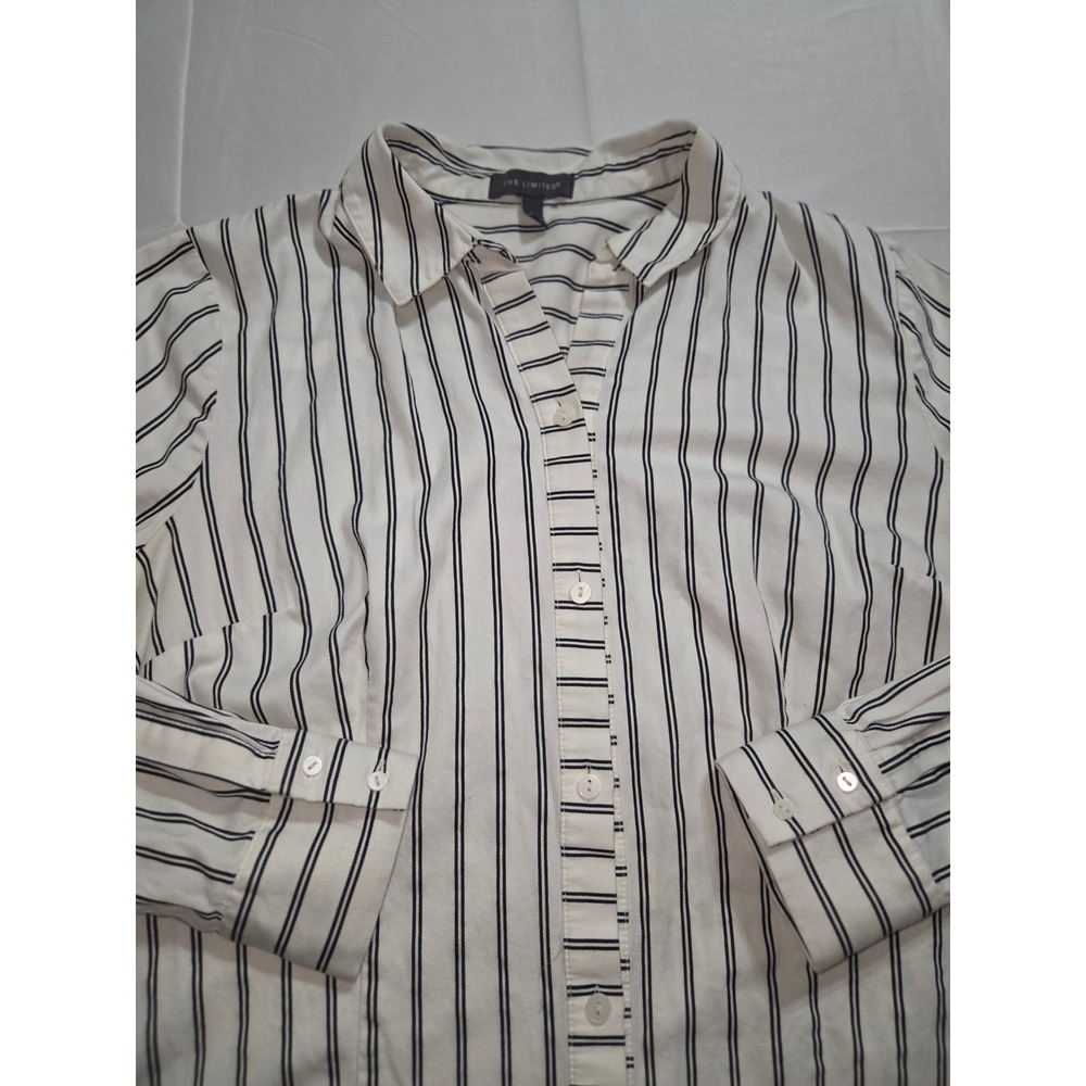 The Limited Womens Large Striped Button Down Shirt White Navy Blue Long Sleeve